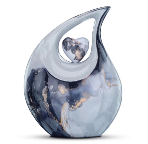 Blauw, grijze marmerlook urn met zilverkleurig hart