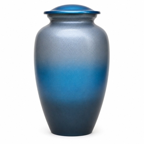 Blauw, zilveren metallic urn met kleurverloop