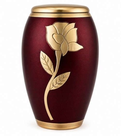 Bordeauxrode urn met een gouden roos