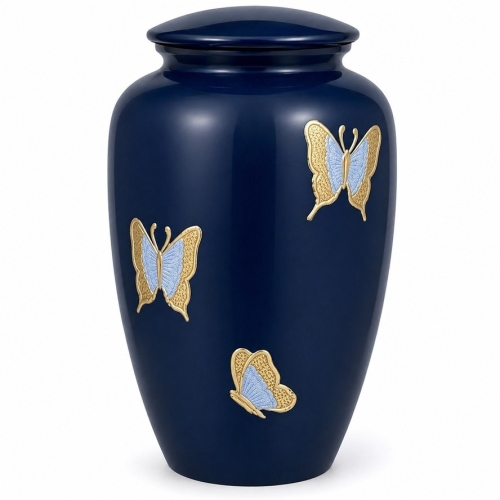 Donkerblauwe urn met goud- en lichtblauwe vlinders