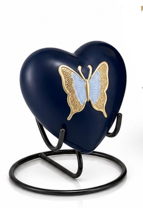 Donkerblauwe urn met goud-lichtblauwe vlinder