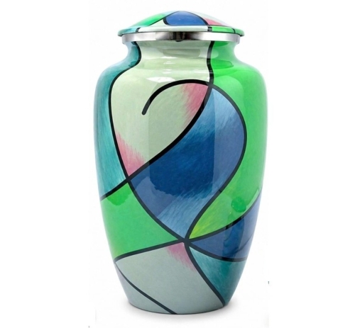 Groen, blauwe multicolor urn met zwarte lijnen
