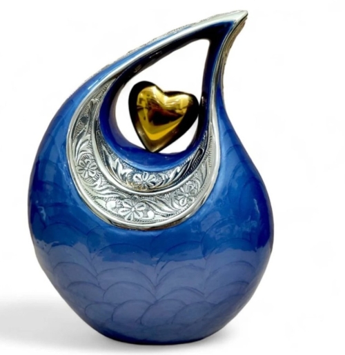Koningsblauwe teardrop urn met goudkleurig hartje
