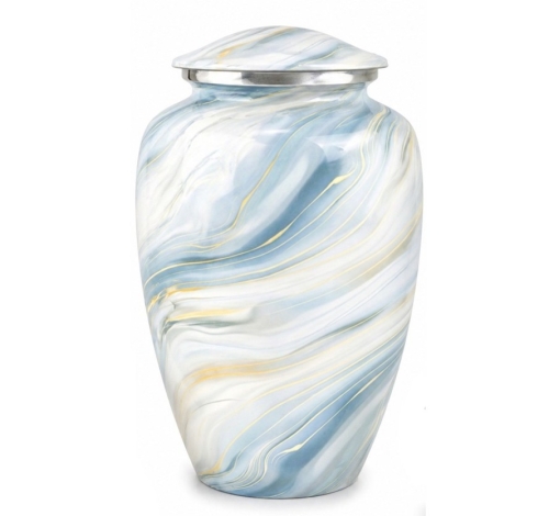 Lichtblauwe, witte urn met marmer-effect en goudaccenten