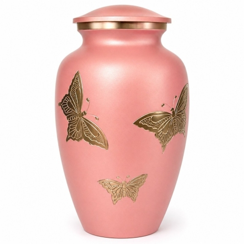 Zachtroze urn met gouden vlinders