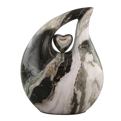 Zwart, witte marmerlook urn met zilverkleurig hart