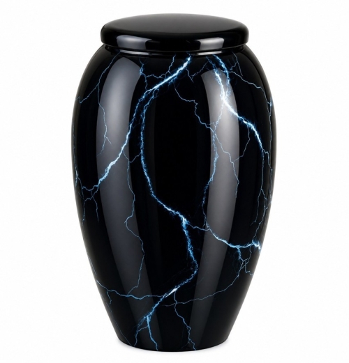 Zwarte urn met blauw lightning-effect