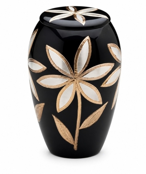 Zwarte urn met gouden bloemen