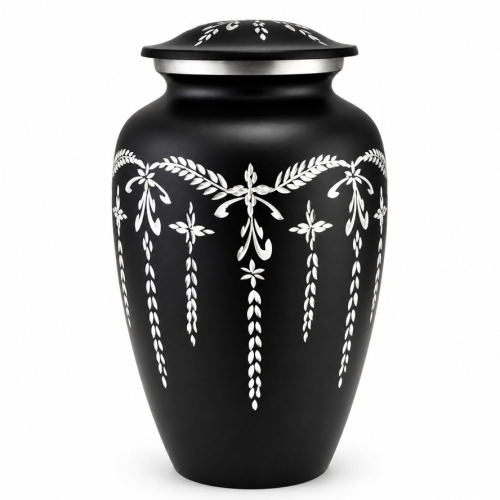 Zwarte urn met zilver/witte decoratie